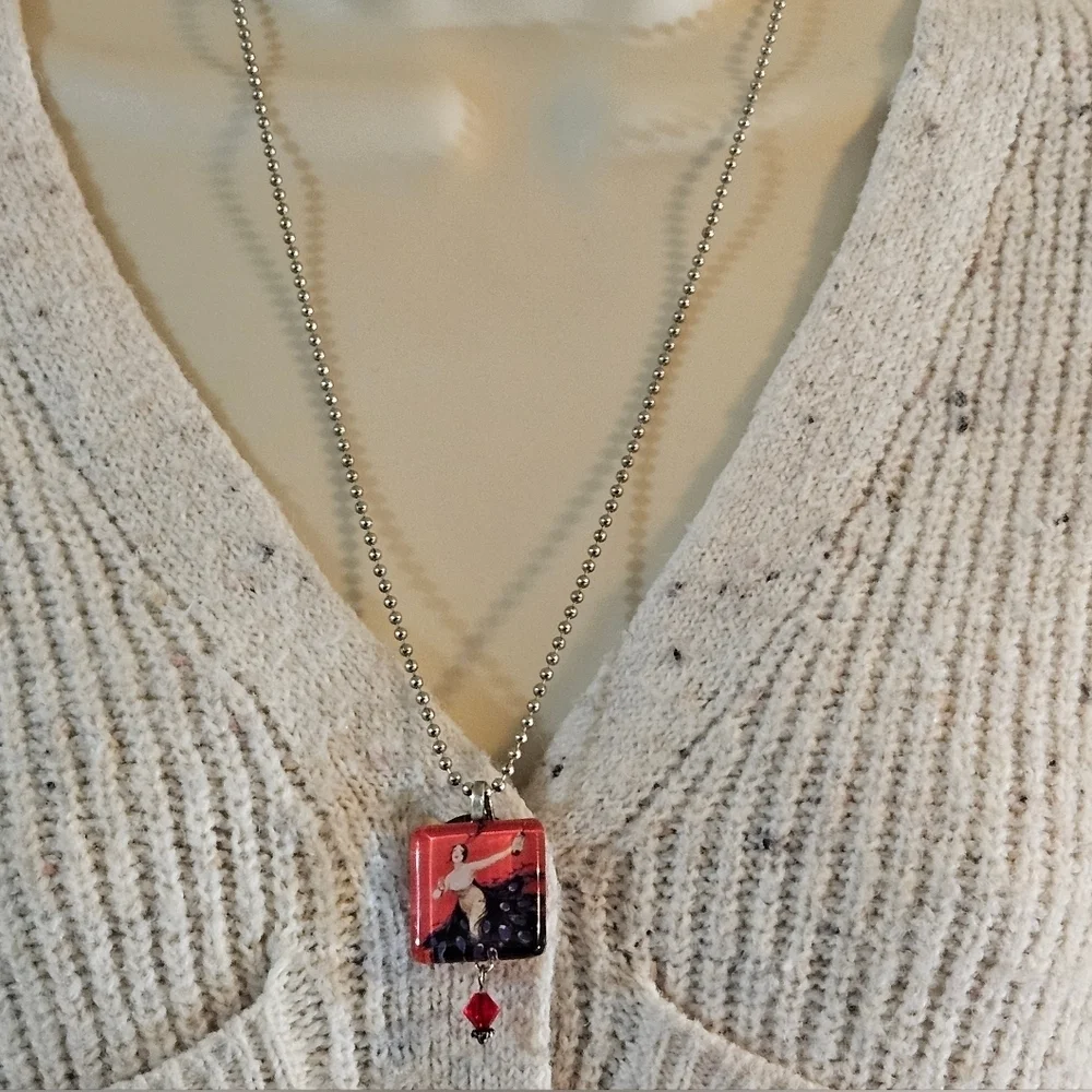 Hand Crafted vintage necklace handmade red & purple paper resin art ball chain